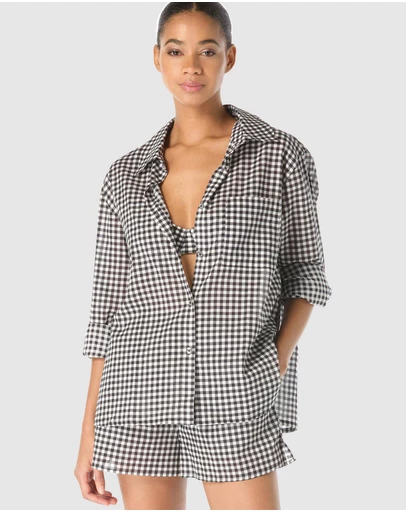 Michael Kors - Boho Gingham Cotton Long-Sleeve Beach Shirt Cover Up