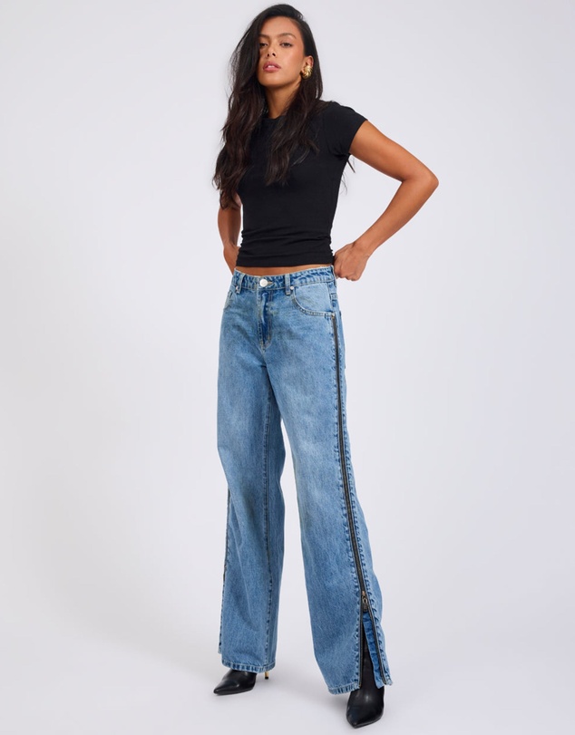 ONE TEASPOON - Low Riders Low Waist Wide Leg Zipped Denim Jeans - Pretty Blue