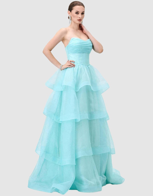 Bariano - Mint Tiff Strapless Tiered Ball Gown