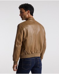 Calibre - Stand Collar Leather Bomber Jacket Camel