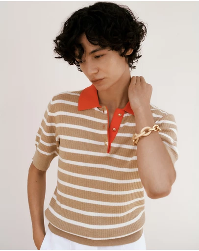 Trenery - Cotton Cashmere Stripe Rib Knit Polo in Light Camel