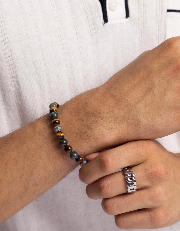 Nialaya Jewellery - Men's Wristband with Aquatic Agate, Brown Tiger Eye and Silver