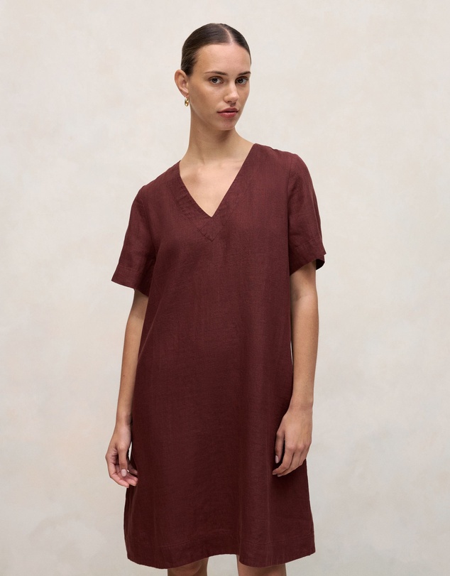 Trenery - Delave Linen V Neck Popover Shift Dress in Espresso