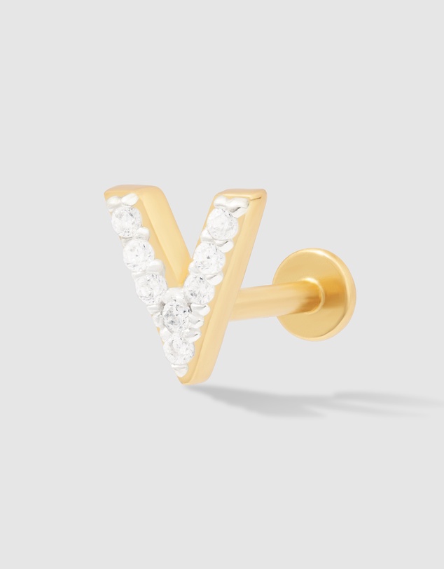 Wanderlust + Co - Alphabet Pave Gold Flat Back Earring - Letter V