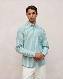 Trenery - Regular Fit Yarn Dyed Stripe Oxford Shirt in Deep Green