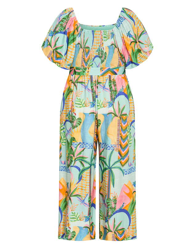 City Chic - Plus size Positano Print Jumpsuit - mint