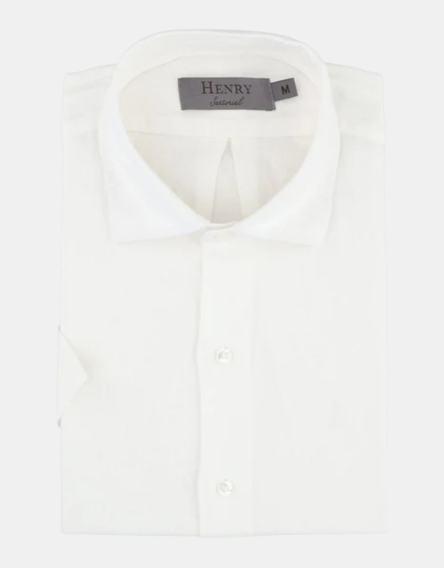Henry Bucks - HENRY SARTORIAL Linen Classic Fit Short Sleeve Shirt WHITE