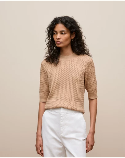 Trenery - Cotton Cashmere Cable Mock Neck Knit in Camel