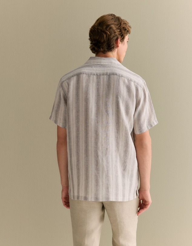 Trenery - Regular Fit Linen Tonal Stripe Short Sleeve Shirt in Flax