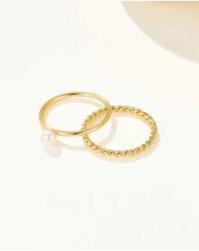 Mestige - Delicate Pearl Stacking Ring Set - 18K Gold Plated