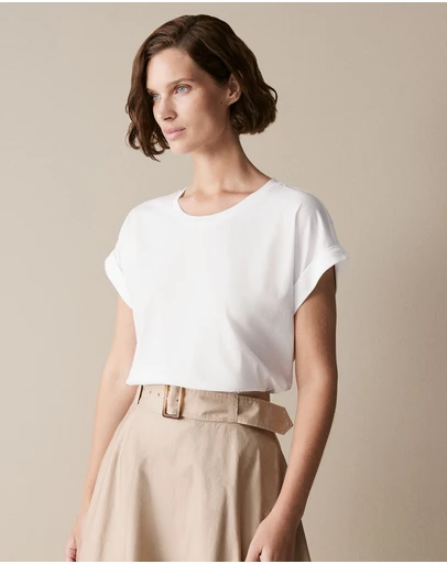 Trenery - Pima Cotton Cuff Sleeve T-shirt in White