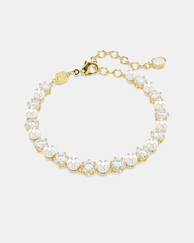 Matrix Tennis Bracelet, Crystal Pearl, Round Cut, White, Gold-tone Plated