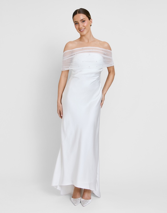Six Stories - Bardot Detail Pearl Satin Midaxi Dress