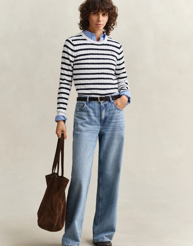 Gant - Stretch Cotton Cable Stripe Crew Neck Sweater