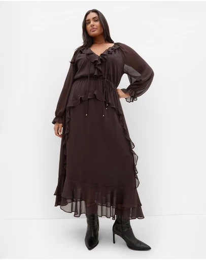 City Chic - Plus size Glam Frill Maxi Dress - espresso