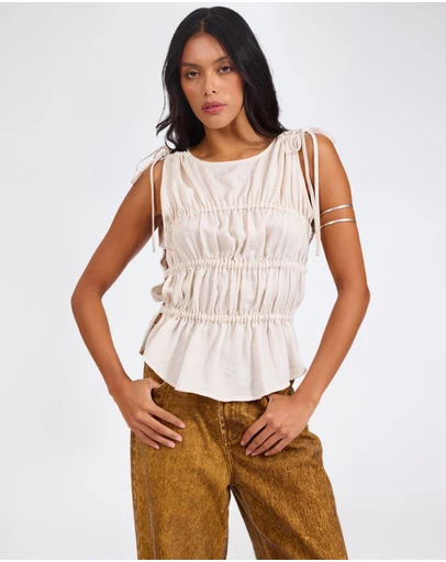 ONE TEASPOON - Evelyn Gathered Ruched Tie Top - Cream