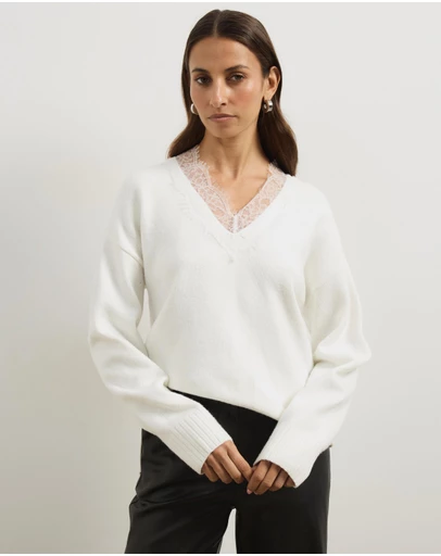 Atmos&Here - Teo V-Neck Knit Jumper with Lace Trim