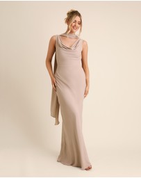 Six Stories - Plunge Cowl Front Chiffon Bridesmaid Dress with Neck Scarf
