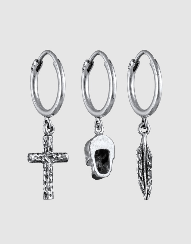 Kuzzoi - ICONIC EXCLUSIVE - Earrings Set Cross Skull Feather in 925 Sterling Silver