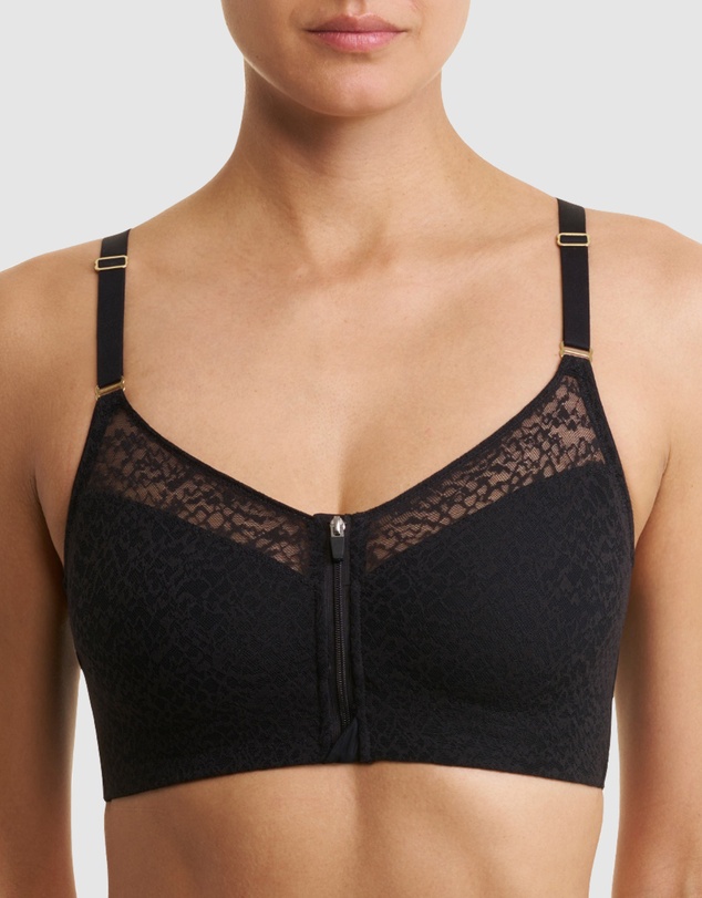 Natori - Pretty Smooth Zip Front Pocketed Post-Surgery Bra With Cotton & Lace