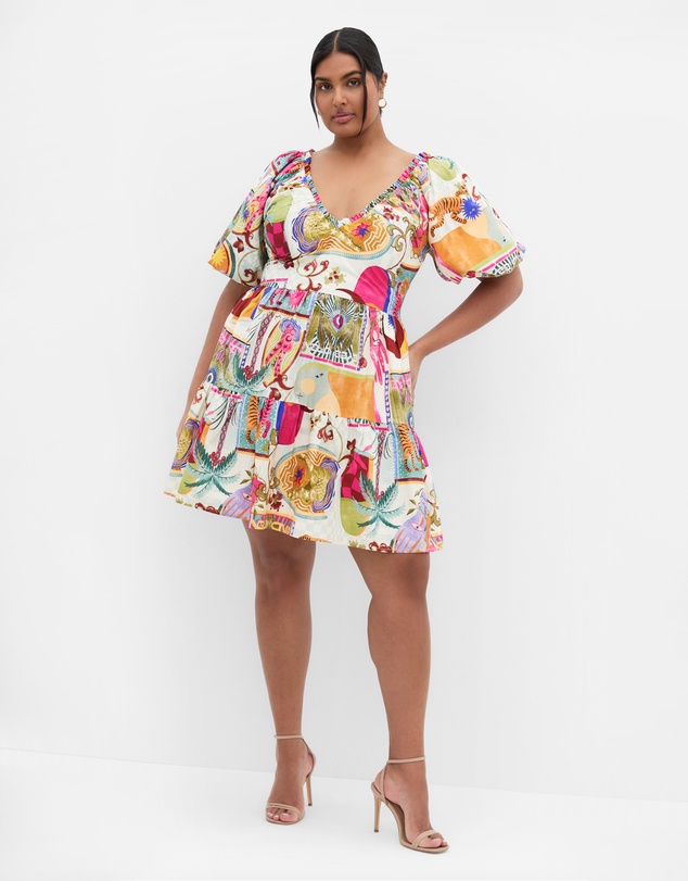 City Chic - Plus size Simona Print Puff Sleeve Mini Dress - neutral