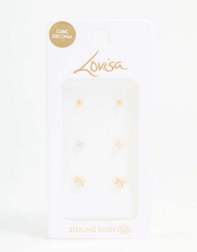 Lovisa - Gold Plated Sterling Silver Bow & Sleek Earrings 3-Pack