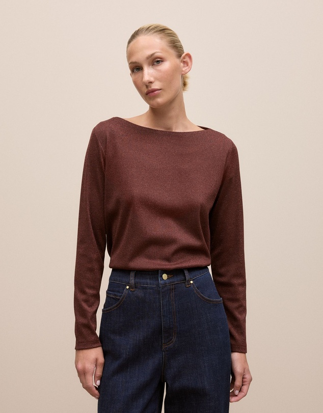 Trenery - Metallic Boat Neck Long Sleeve T-shirt in Espresso