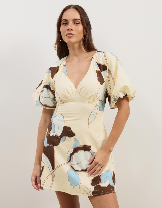 Atmos&Here - Kelly Linen Blend Puff Sleeve Mini Dress