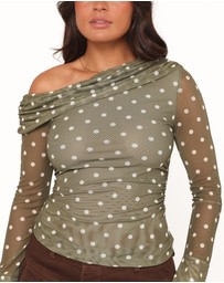 Petal & Pup - Ginevra Off Shoulder Mesh Top - Green Polka Dot