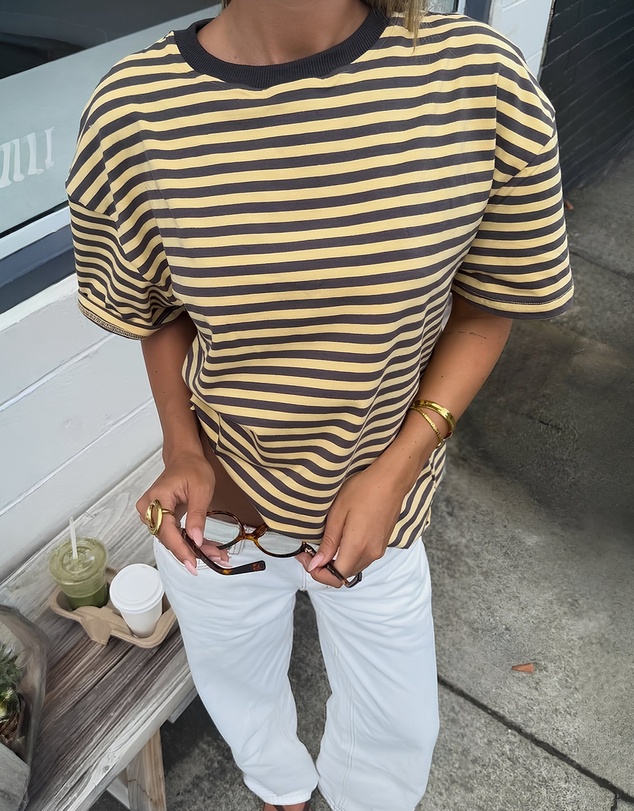 Beginning Boutique - Alba Yellow Stripe Oversized Tee