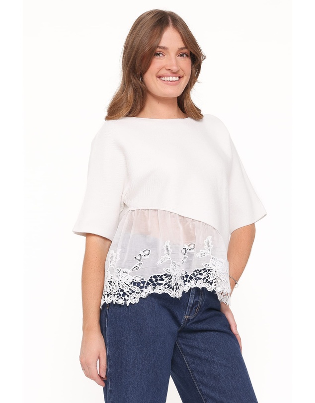 Petal & Pup - Chase Lace Hem Ribbed Top - Ivory