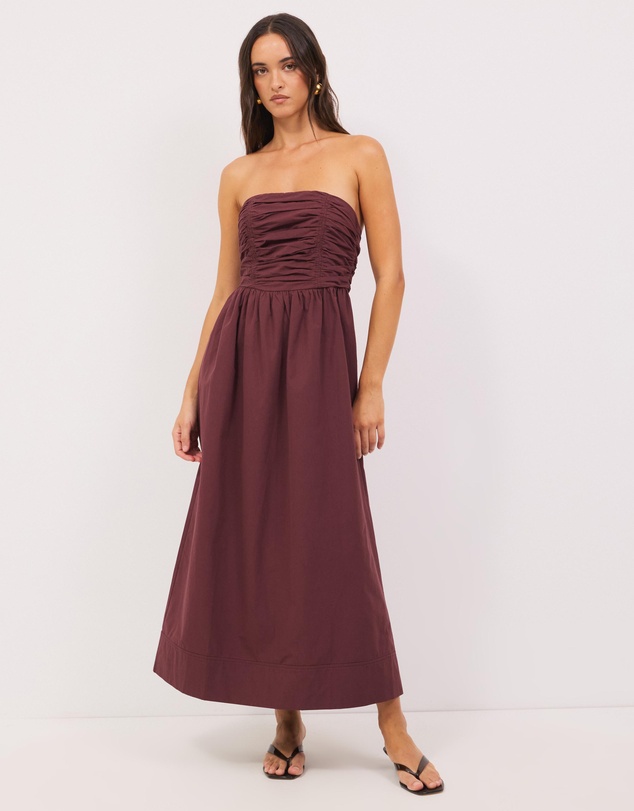 Calli - Strapless Gathered Midi Dress