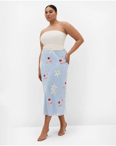 City Chic - Plus size Orchid Print Maxi Skirt - light blue