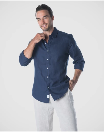 Coast Clothing - Long Sleeve Linen Shirt in Navy Blue