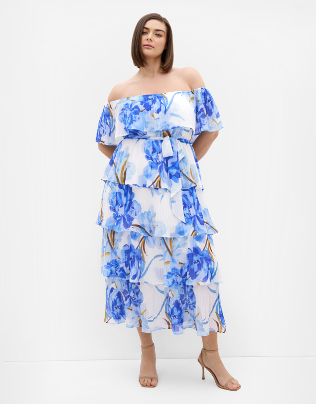 City Chic - Plus size Night Garden Print Tier Midi Dress - white