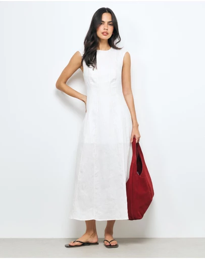 AERE - Eden Contrast Stitch Linen Midi Dress