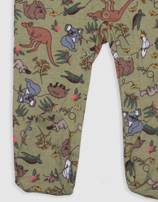 B Free Intimate Apparel - Baby Snap Button Sleepsuit with Booties - 100% Organic Cotton - Khaki Native Aussie Animals