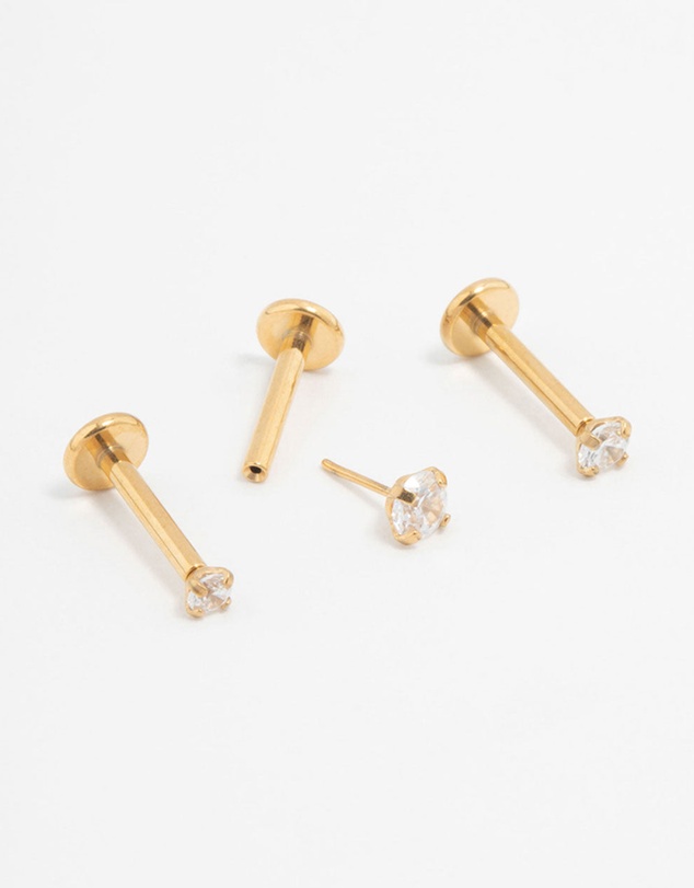 Lovisa - Gold Plated Surgical Steel Classic Cubic Zirconia Threadless Flat Back Studs 3-Pack