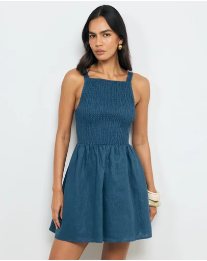 AERE - Mia Shirred Linen Mini Dress