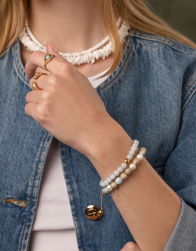 Nialaya Jewellery - Women's Beaded Bracelet with Pearl, Larimar, Opal and Gold