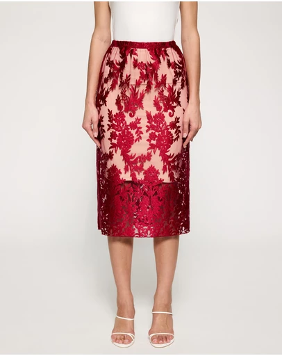 Lindsay Nicholas New York - Crimson Rose Lace Skirt with Nude Underskirt