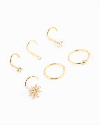 Lovisa - Gold Plated Surgical Steel Cubic Zirconia Flower Nose Ring & Stud 6-Pack