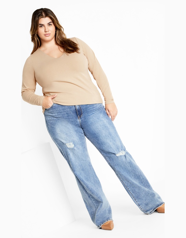 City Chic - Plus size Annie V Neck Top - latte