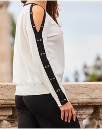 Sosandar - Eyelet Detail Contrast Sleeve Fine Knit Jumper