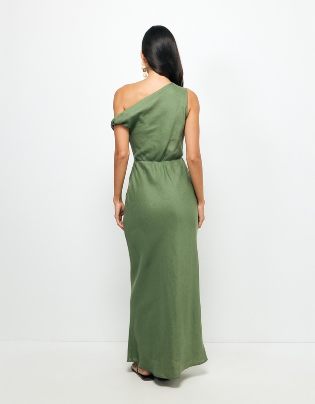 Revibe - Repaired AERE Fia Linen Draped Off Shoulder Maxi Dress - AU 12
