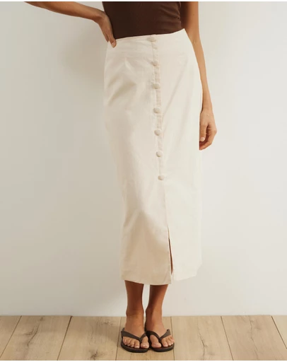 Atmos&Here - Isla Linen Blend Button Up Midi Skirt