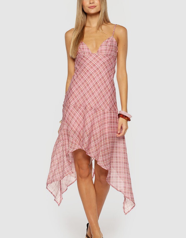 Beginning Boutique - Milla Pink Plaid Hanky Hem Midi Dress