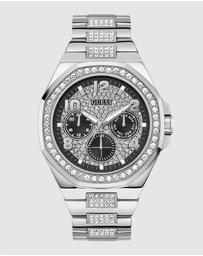 GUESS - Silver-Tone Multi-function Men's 46mm Black Dial with Crystals on Bezel and Strap Analogue Watch