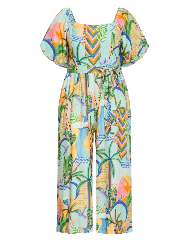 City Chic - Plus size Positano Print Jumpsuit - mint