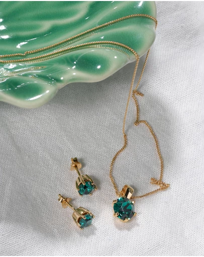 Elli Jewelry - Jewelry Set Solitaire Pendant Set Stud Earrings with Crystals Green in 925 Sterling Silver Gold Plated